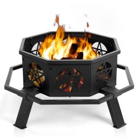 35in Octagonal Sheet With Foot Pedal Pentagram Wood Brazier Wrought Iron Black (Color: black)